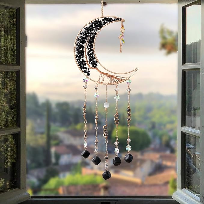Agate Moon Dream Catchers with Crystal 7 Chakra Gemstone Dream Catchers Color Natural Gem Agate Wall Hangings Room Garden Dreamcatchers Decor (Black)