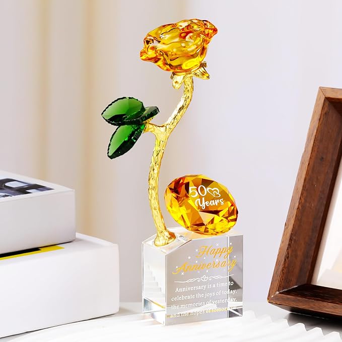 YWHL 50th Wedding Anniversary Rose Gifts for Parents Grandparents, 50 Years Happy for Couples, Crystal Rose Figurine with Amber Diamond, Romantic Valentines Day Present for Wife