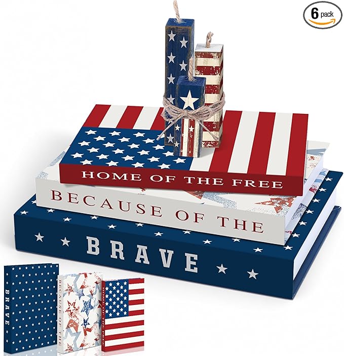 Thyle 4th of July Fake Decorative Books Wooden Firecracker Table Signs Faux Patriotic Decor Farmhouse Decoration Books for Independence Day 250th Anniversary Party Office Home Shelf Table Decor