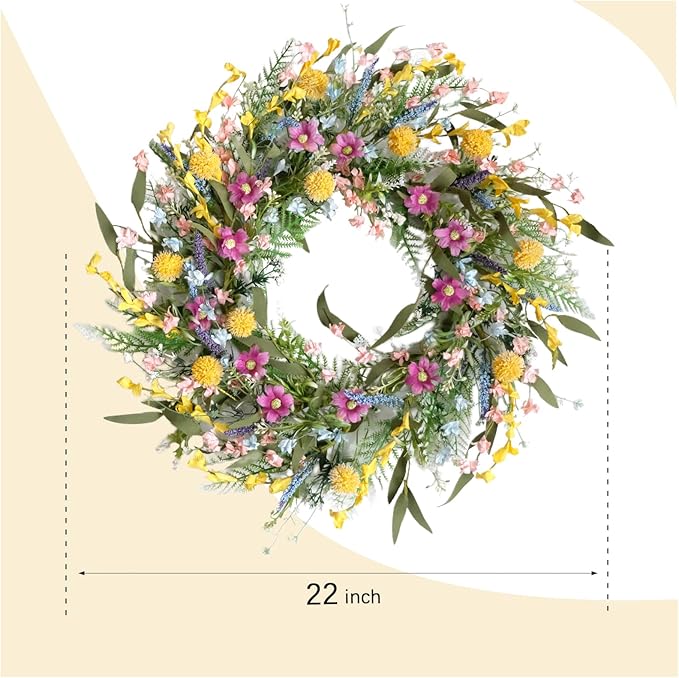22" Spring Summer Wreath for Front Door - Colorful Wildflower Wreath with Lavender & Forsythia, Everyday Floral Wreaths for Front Door Outside, Spring Door Wreath for Indoor Home Decor