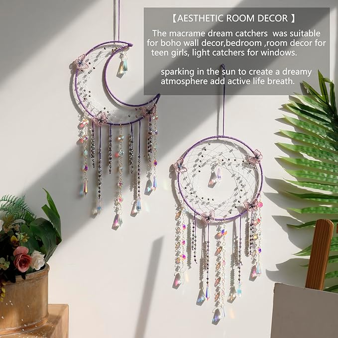 Artilady Butterfly Dream Catchers with Crystals - Large Boho Purple Moon Dream Catcher Wall Decor Home Decorations Girls Kids Baby Bedroom Room Decor Christmas Birthday Teen Girl Boys Gifts