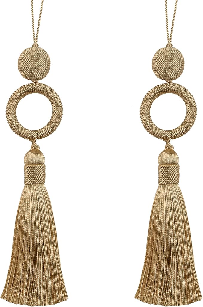 2 Pack Tassel 12 Inch Key Tassel with 4 Inch Cord Loop, Handmade Tassel with Wooden Ring, DIY Accessories for Home Decoration (Gold)
