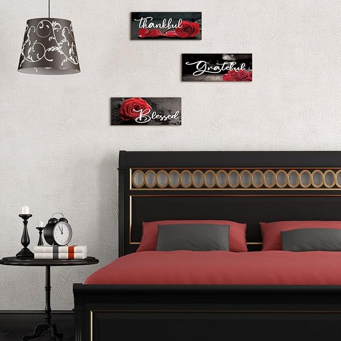 Hillban 3 Pieces Rose Wooden Wall Decor Rose Bathroom Decor Thankful Grateful Blessed Accessories Inspirational Wall Art Signs for Living Room Kitchen Wedding(16 x 6 Inch,Red)