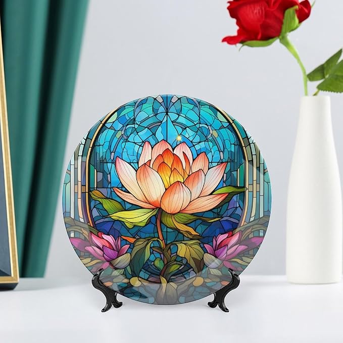 Water Lily Blue Stained Glass Print Decorative Plates Home Decor Ceramic Plates, Dinner Plates Display for Living Room, Kitchen, Hallway Console Side Table, Presents for Lotus Lover, 8 Inch