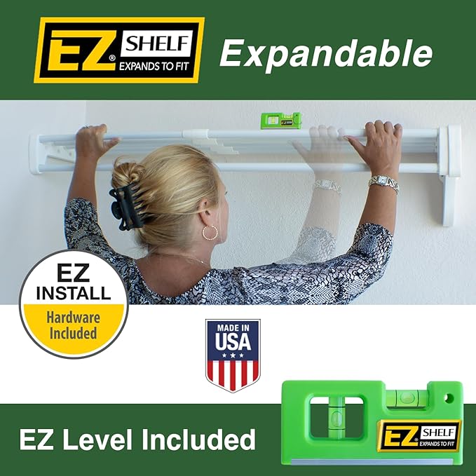 EZ Shelf - Closet Shelf with Hanging Rod - 64.3-119” Expandable, White, Closet Shelves - Strong, Holds 200 lbs - Easy Install - 1 Side Wall & Backwall with 1 End Bracket, Alternative to Wire Shelving