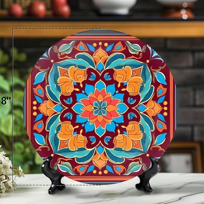Decorative Plates for Display 10" Colorful Mediterranean Tile Floral Mandala Design Ceramic Ornament with Display Stand and Hook Up for Wall Decor Hanging Festival Wedding Gift