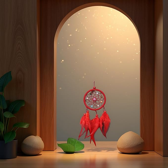 Red Small Dream Catcher with Feathers Wall Hanging Ornament Indian Style Decoration Wind Chimes for Car Home Wall Decor Home and Kitchen Home Decoration