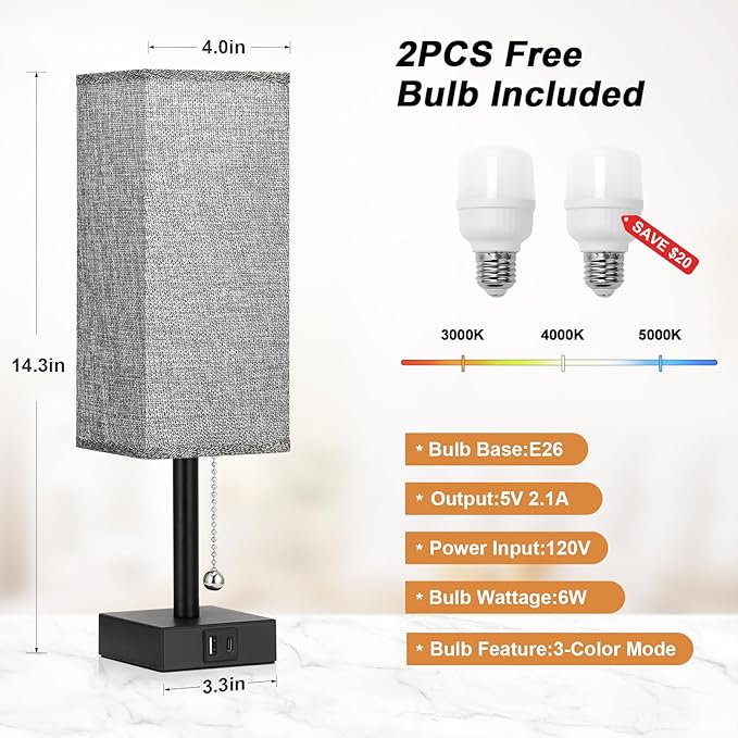 aooshine Bedside Table Lamps Set of 2 - Gray Bedroom Lamps with 3 Color Temperatures (3000K/5000K/4000K), Square Nightstand Light with USB C + A Charging Ports, Pull Chain Small Night Light