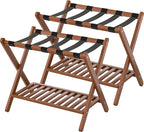 Luggage Racks Set Of 2 Suitcase Stand Foldable With Storage Shelf For Guest Room Hotel Essentials Solid Bamboo Heavy-Duty Item Holder Chestnut Brown