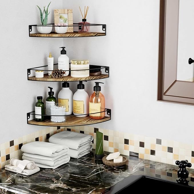 Corner Shelf Wall Mounted, Set of 3 Corner Floating Shelves with Cord Hole and Guardrail for Cable Box, Baby Monitor Pet Cameras, Speaker, Nursery Kitchen Living Room Bathroom, Dark Brown