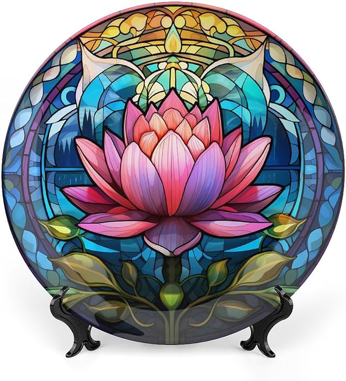 Boho Water Lily Stained Glass Print Decorative Plates Home Decor Ceramic Plates, Dinner Plates Display for Living Room, Kitchen, Hallway Console Side Table, Presents for Lotus Lover, 10 Inch