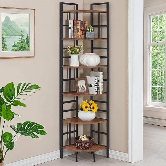 HOMISSUE Corner Shelf, 6 Tier Tall Narrow Bookshelf 76.9", Industrial Corner Bookcase with Storage for Home Office Living Room and Bedroom, Rustic Brown