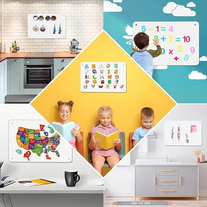 White Magnetic Board,17.5" x 11.4" Magnet Bulletin Board to Display Magnetic Notes, Poetry, Photos, Suitable for Wall, Refrigerator, Cabinet etc, Come with 4 Pcs Dual Lock Tape and Screws