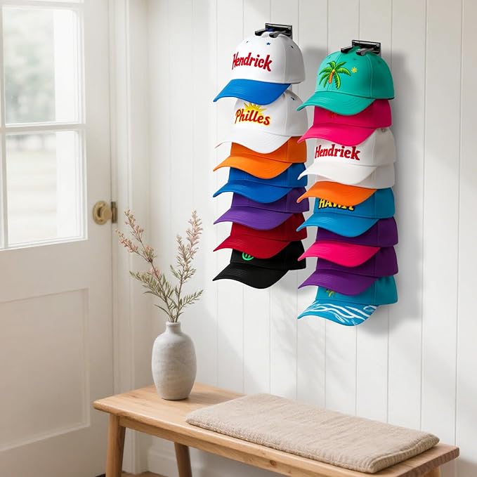 2 Pack Hat Organizer for Baseball Caps, Hat Rack for Wall Hold Up to 16 Hats, Hat Holder with Strong Adhesive and Screws, Hat Organizer Wall Mounted Hat Hanger Display for Door Closet Bedroom(A-Black)