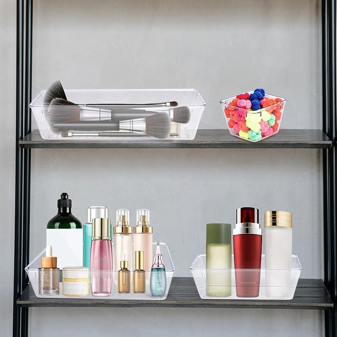 4 PCS Clear Plastic Drawer Organizer, Desk Drawer Divider Organizers and Storage Bins for Makeup, Jewelry, Gadgets for Kitchen, Bedroom, Bathroom, Office (9.0"x3.0"x2.2")