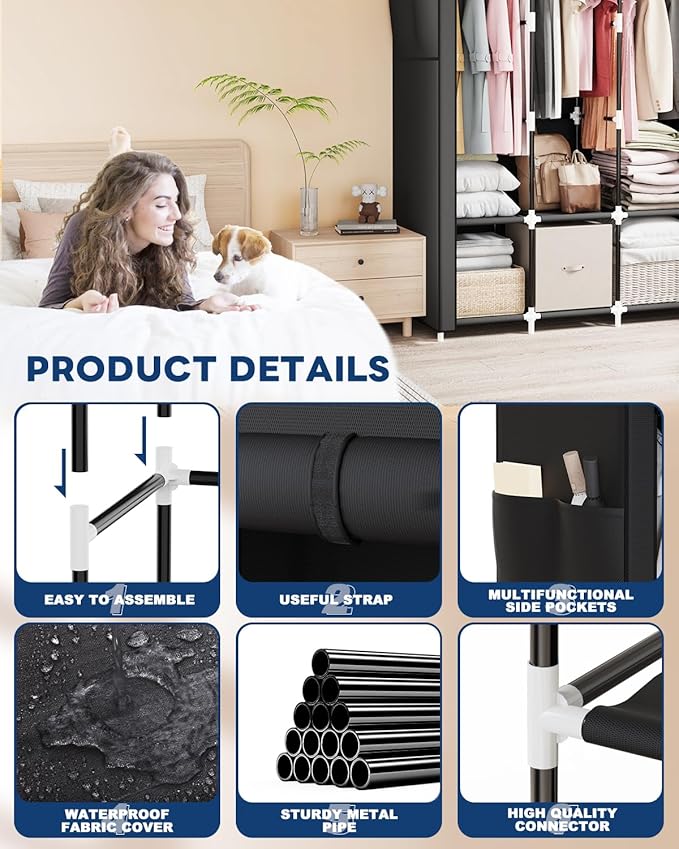 Mavivegue Portable Closet, 50 Inch Wardrobe Closet, Portable Closets for Hanging Clothes with 3 Hanging Rods and 6 Storage Shelves for Bedroom, Black