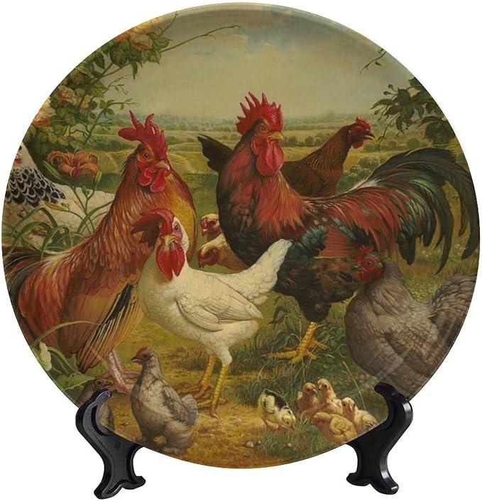 Rooster Decorative Plate Holder, 6 Inch, Rooster Hen Chick White Chicken Gathering Round Display Plate, Hanging Decorative Plate with Display Stand, for Home Kitchen Bedroom Decorative Ornaments