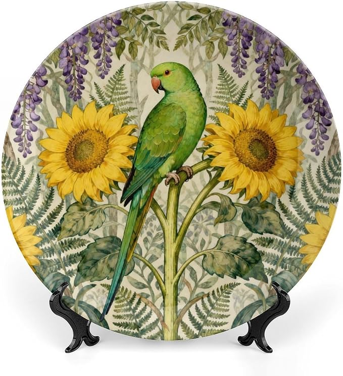 William Morris Forest Art Sunflower And Parrot Fashion Plates of 6", 7", 8", 10", Customize Christmas Design Blue And White Plates, Custom Gifts, Table Farmhouse Decorations Club, with Vertical Stand