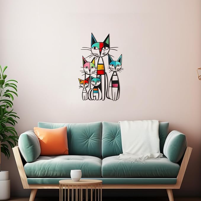 Wesiti Cat Wall Art Decor Metal Cat Wall Sculptures Room Decor for Cats Lover 10.6 x 15.7 Inches Colorful Mid Century Retro Wall Art for Home Living Room Bedroom Kitchen Office