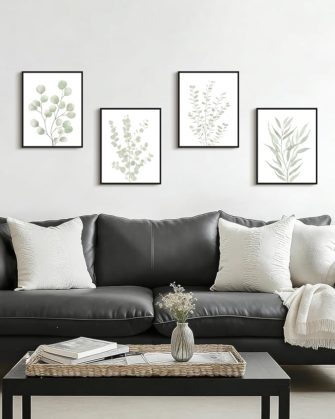 Drsoum Botanical Plant Framed Wall Art Boho Wall Decor for Bathroom Sage Green Eucalyptus Leaf Prints Minimalist Aesthetic Ready to Hang Set of 4, 11x14 in (Black Framed)