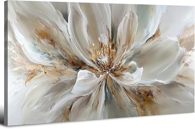 Flower Wall Art Vintage White Floral Canvas Pictures Abstract Blooming Flower Prints Painting Large Abstract Botanical Blossom Wall Decor Elegant Artwork for Bedroom Living Room Home Decoration 24x48"