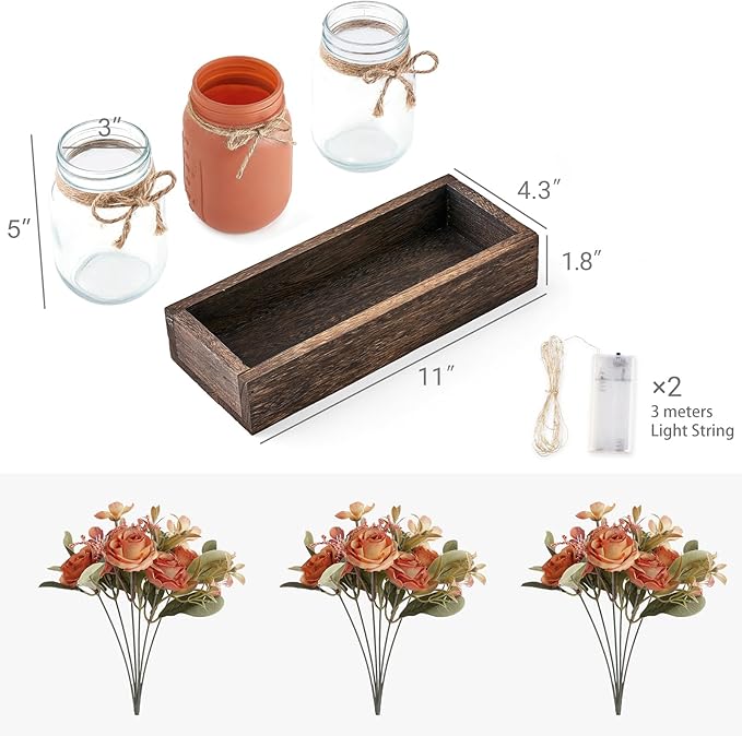 Mkono Mason Jar Lights Centerpiece Table Decor for Dining Room Farmhouse Wood Tray with 3 Jars Flowers Valentines Day Decoration for Coffee Table Kitchen Living Room Wedding