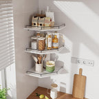 JJL Corner Shelf Wall Mounted, 12 Inches 3-Tier Floating Corner Shelf with Rails, Hexagon Rustic Wood Decor, White Wall Shelves for Apartment Bedroom Kitchen Bathroom
