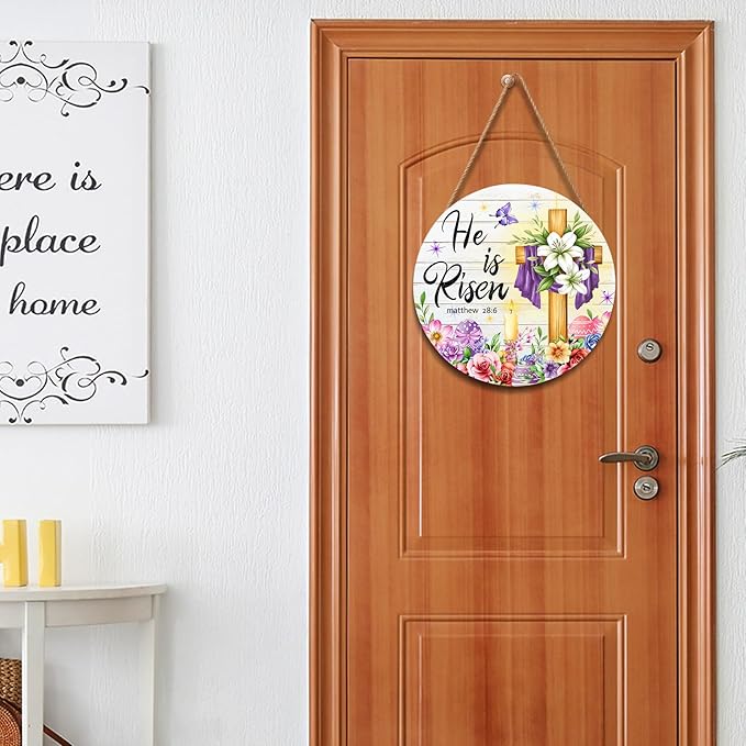 Harooni Easter Decorative Sign, 12x12in Modern Wooden Door Mount, Pastel, Bright, He is Risen, Twine, Rope