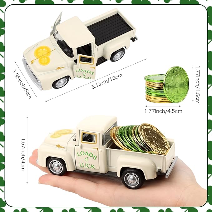 St. Patrick's Day Mini Metal Truck with Plastic Coin Vintage Diecast Pickup Tiered Tray Decor Rustic Farmhouse Shamrock Ornament Truck for St Patrick Home Shelf Table Tiered Tray Decorations