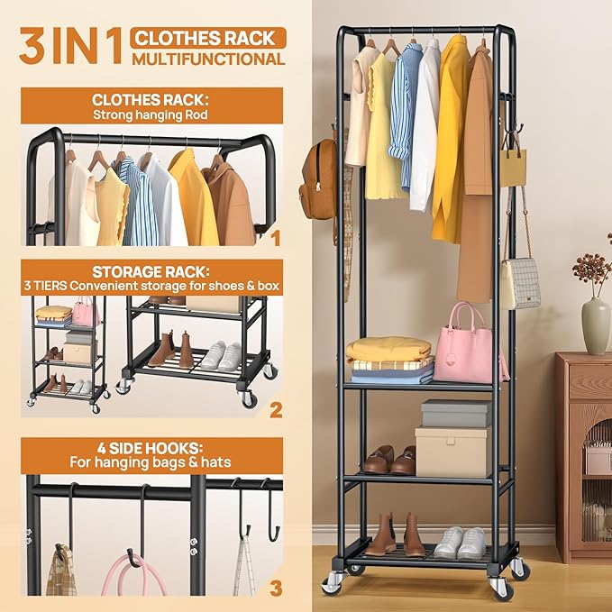 Clothes Rack with Wheels, Freestanding Garment Rack with 3 Metal Shelves for Hanging Clothes, Portable Hanging Rod for Small Room, Bedroom, Bathroom (Black)