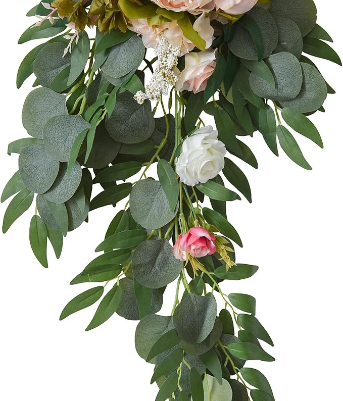 2 Pcs Wedding Arch Flowers Kit, Artificial Peony Flower Swag Backdrop Floral Garland Centerpieces, Champagne Peony Floral Swags Silk Hanging Peony Garland with Green Leaves Decor for Home(Pink)