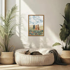 Framed Dog Canvas Wall Art, Cute Three Dogs in Flower Field Pictures Wall Decor, Rustic Farmhouse Animal Nature Paintings Prints Home Decor for Living Room Bedroom Bathroom 12x16 inch