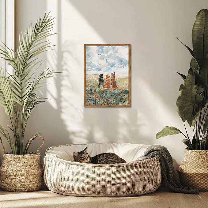 Framed Dog Canvas Wall Art, Cute Three Dogs in Flower Field Pictures Wall Decor, Rustic Farmhouse Animal Nature Paintings Prints Home Decor for Living Room Bedroom Bathroom 12x16 inch