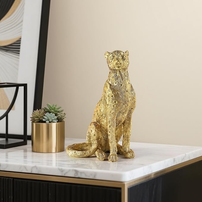 Cheetah Statue for Home Decor, 8" Resin Sitting Leopard Sculpture, Gold Desktop Decoration for Living Room, Dining Room, Office,Shelves, Tv Stand, Coffee Table or Entry Way