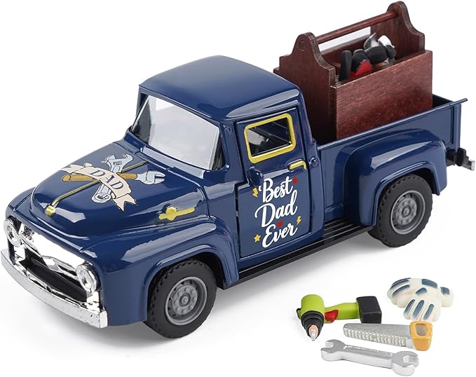 Fathers Day Truck Decor, Best Dad Ever Pickup Truck Tabletop Decoration with Toolbox, Rustic Farmhouse Tiered Tray Decor, Fathers Day Gift for Dad Home Office Desk