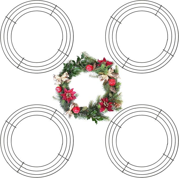 4 Pack Wreath Frame 10 Inch Wire Wreath Frame Round Metal Wreaths Form Dark Green Wire Wreaths Ring for Floral Arrangements DIY Craft Home Decorations Wedding Thanksgiving Christmas Party Supplies