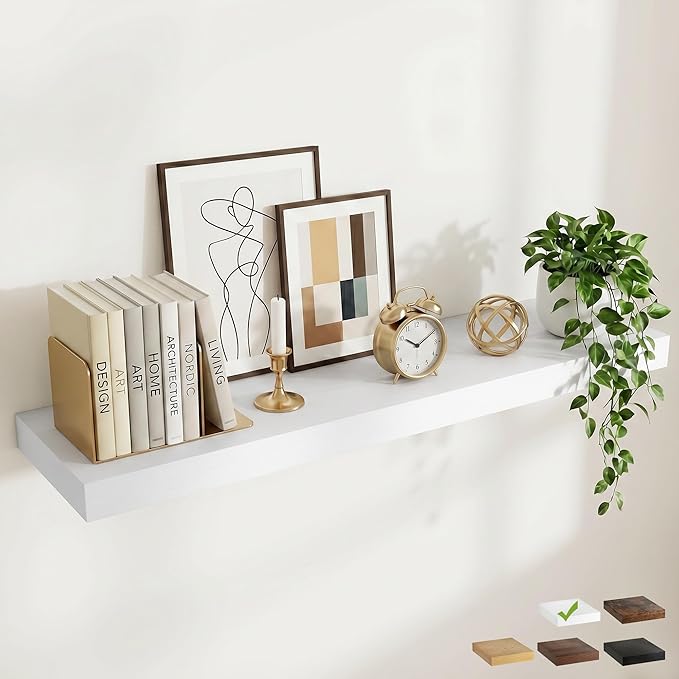 FLYJOE 55 Inch Long Floating Shelves for Wall Set of 1, 12" D Wood Grain Bathroom Shelves with Invisible Brackets, Easy Install Engineered Wood Storage Shelves for Kitchen, Living Room, Bedroom
