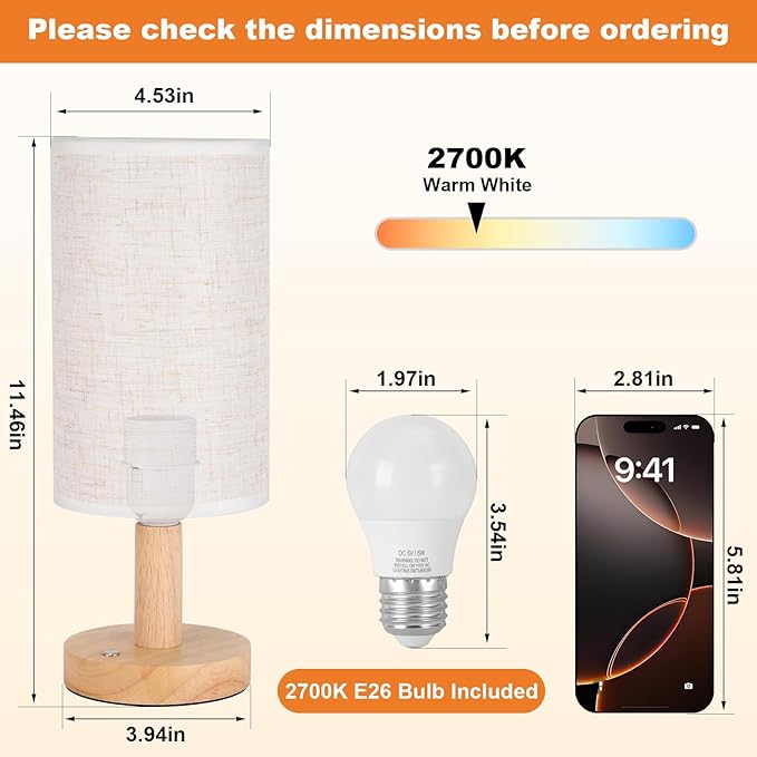 Rechargeable Cordless Touch Table Lamp with Stepless Dimming,Natural Wood Base&Linen Shade,Small Battery Wireless Ambient Night Light for Bedroom,Bedside,Nightstand,Nursery,Kitchen,Camping,Outdoor