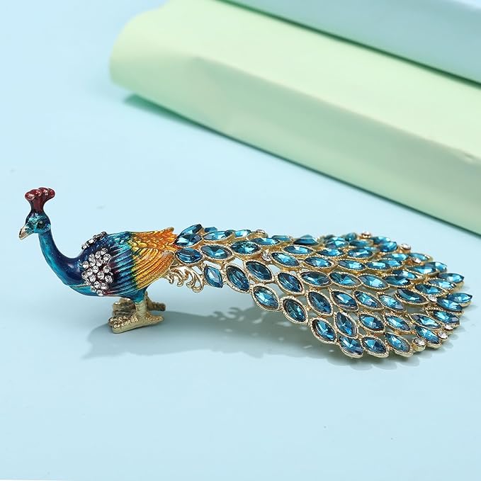 Enameled Peacock Jewelry Box - Hand Painted Collectible Figurine with Crystal Rhinestones, Women and Girls for Rings and Earrings Valentine Decor Gifts