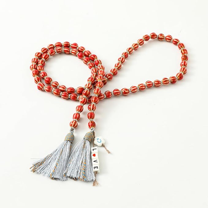 Farmhouse Ceramic Beads 50in Handcrafted Colors Bead Garland with Tassels Rustic Decor Prayer Boho Beads Big Wall Hanging and Coffee Table Decor Red Bead