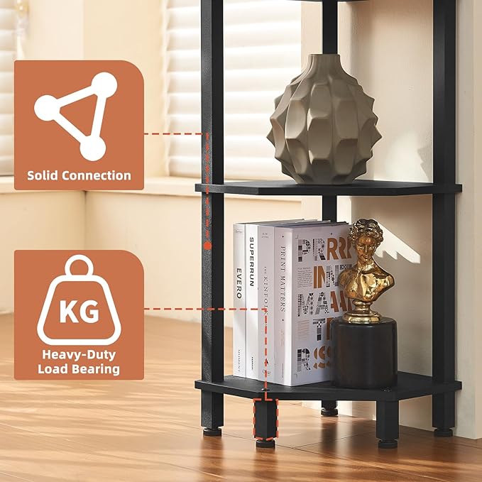 YUFAM 4-Tier Corner Shelf with Sturdy 5-Leg Base, Wooden Corner Bookshelf for Small Spaces, Corner Standing Shelf for Living Room, Bedroom, Office, Black