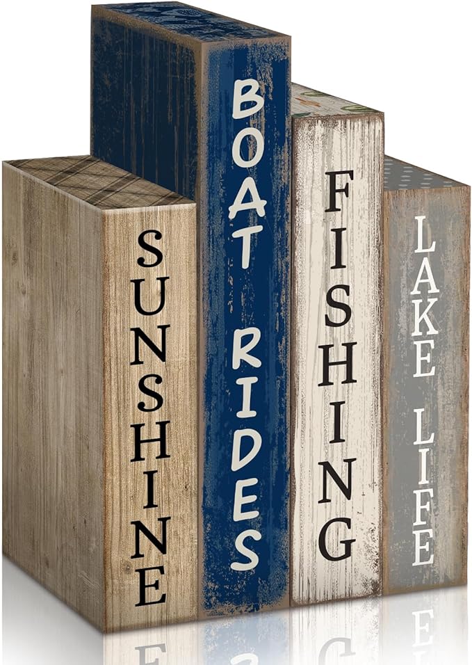 Lineshading 4 Pcs Summer Lake House Decor Stacked Wooden Block Set with Lake Life Boat Rides Fishing Sunshine Blue White Summer Table Decor Wooden Book Signs for Fishing & Boating Lovers Gifts