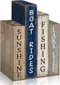 Lineshading 4 Pcs Summer Lake House Decor Stacked Wooden Block Set with Lake Life Boat Rides Fishing Sunshine Blue White Summer Table Decor Wooden Book Signs for Fishing & Boating Lovers Gifts