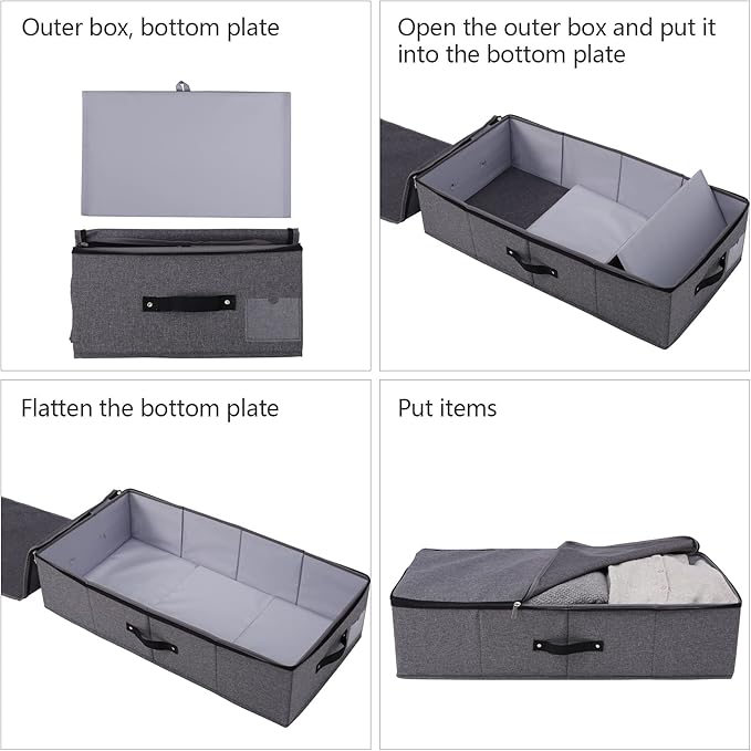 Omygarden Under Bed Storage Bins with Lids, Closet Organizers, Foldable Under-bed Storage Baskets for Sheets, Clothes, Quilts, Sweaters, Wrapping Paper, 29x15x7inch, Black Gray, 2PCS