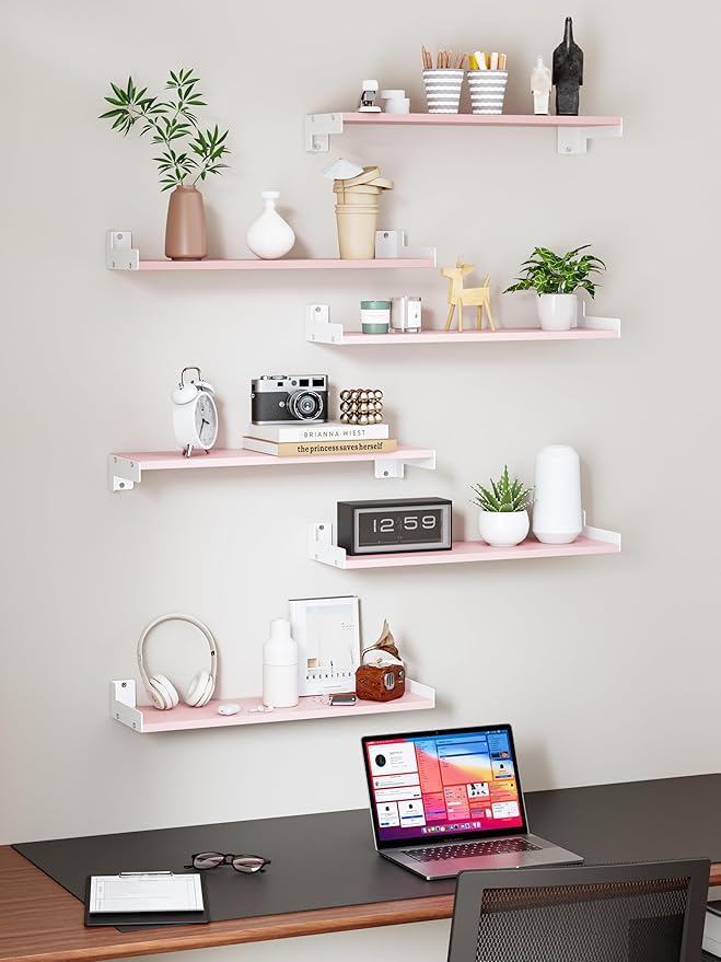 Floating Shelves for Wall, Shelves for Decor Storage Set of 6, Wall Mounted Wood Shelf for Bedroom, Living Room, Bathroom, Kitchen,Long Picture Ledge Shelves. (Pink)