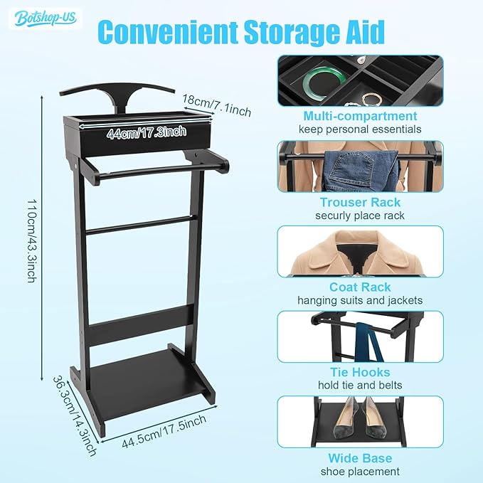 Gdrasuya10 Suit Valet Stands with Drawer & Trouser Holder, Wood Suit Rack for Women and Men, Freestanding Valet Stand Organizer for Office Living Room, Space Saving (Black)