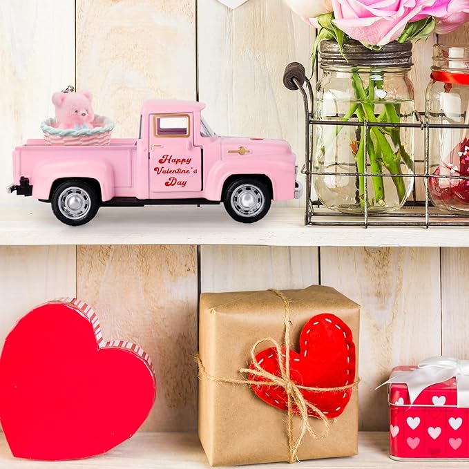Hxezoc Pink Truck Decor Vintage Metal Truck with Pink Flower Basket Ornament Valentine's Day Farmhouse Tabletop Mantle Decoration for Home Kitchen Office Valentine's Day Theme Party Supplies
