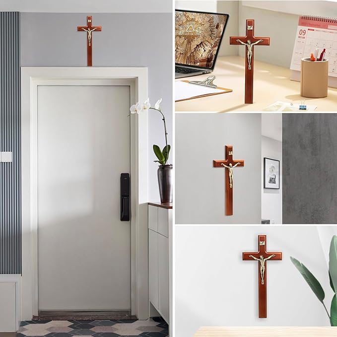 SISSIDA Crucifix Wall Cross, Handmade Wooden Catholic Crosses for Wall Decor - 12 Inch
