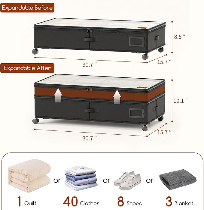 Under Bed Storage with Wheels, Adjustable Height Underbed Storage Containers, 2 Pack 65L Bins, Heavy-Duty 600D Fabric & Steel Frame for Clothes, Shoes, Bedding