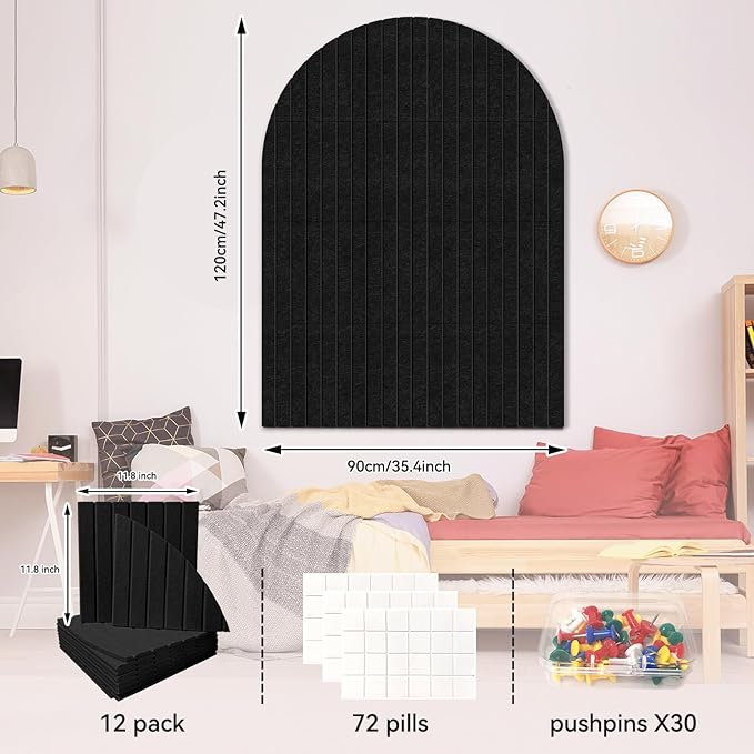 Large Cork Board for Wall & Office Decor, 48" x 36" Arched Felt Bulletin Board Pin Board Vision Board with 30 Pins – 12 Customizable Wall Tiles for Office Home Bedroom,Photo & Picture Display